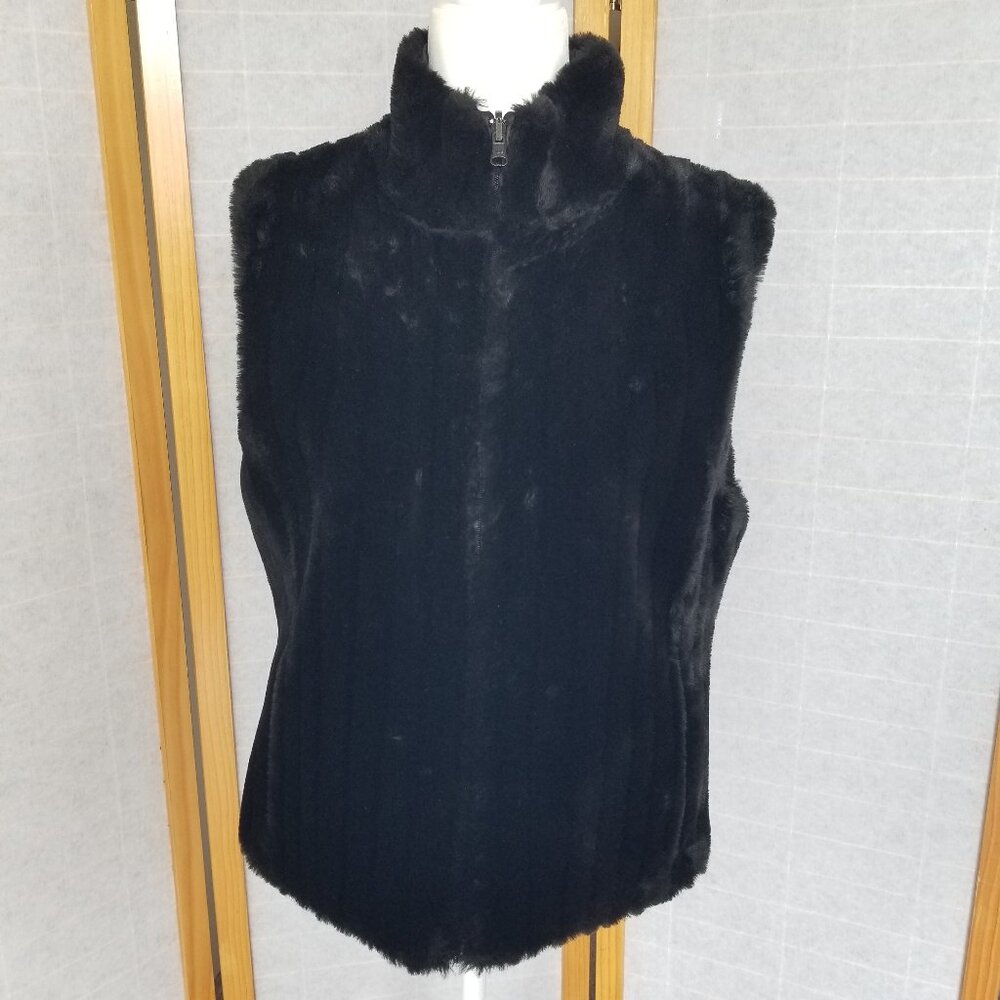 1980s Express Black Faux Fur Vest Coat Zip Up Reversible to Satin Size Medium